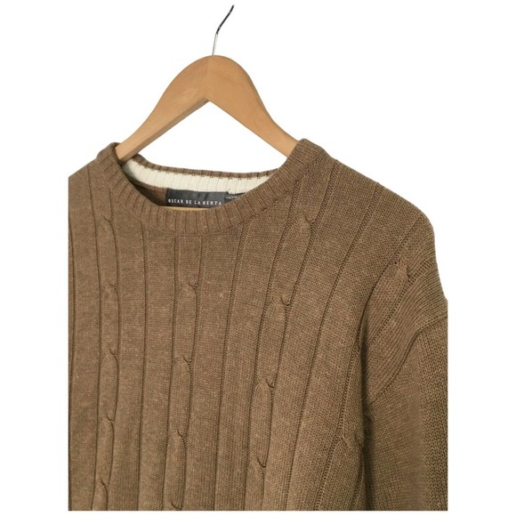 Oscar De La Renta Mens XL Cable Knit Sweater Pullover Cotton Long Sleeve Brown - Picture 6 of 11